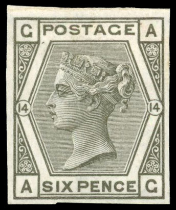 GB 1873-80 6d grey Pl. 14 (AG), imperforate imprimatur, SG 147var