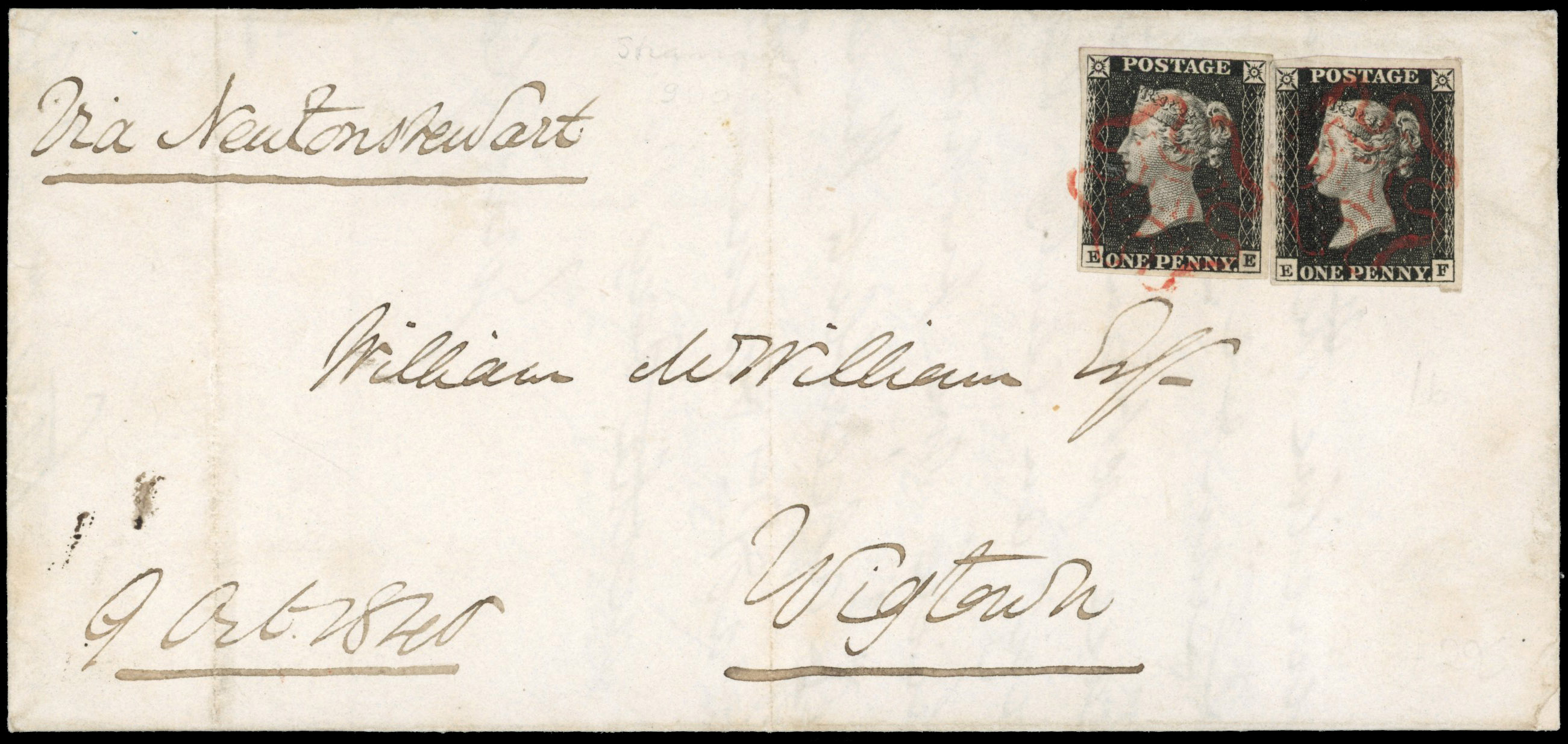GB 1840 1d black, two singles on cover to Wigton