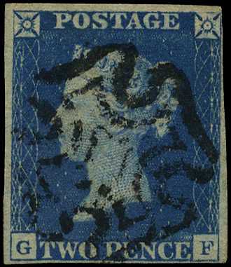 1840 2d blue Plate 1 (GF), four clear to...