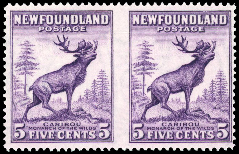 Newfoundland 1932-38 5c violet 'Caribou', die II, perf 14 (line) HORIZONTAL PAIR S.G. 225cc cat £275