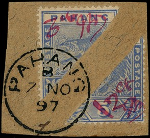 1897 2c and 3c on half of 5c blue, the Kuala Lipis manuscript provisional, divided diagonally; used together on a piece...