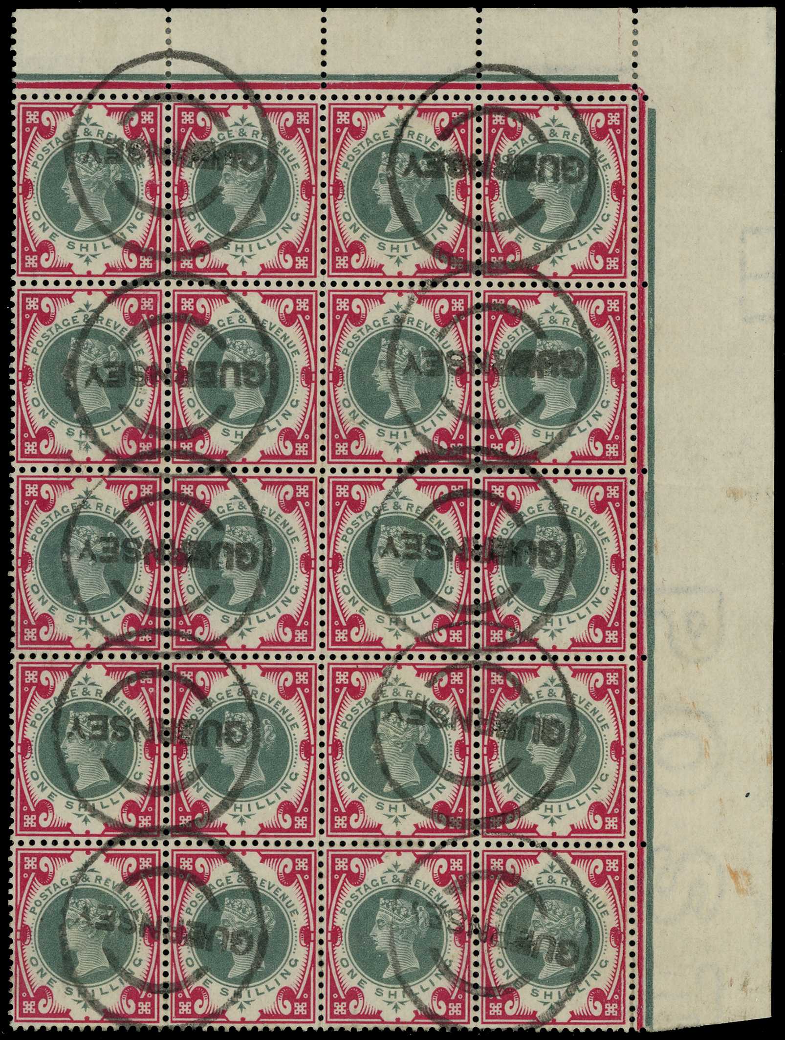 Postmarks. 1900 1/- green and carmine top...