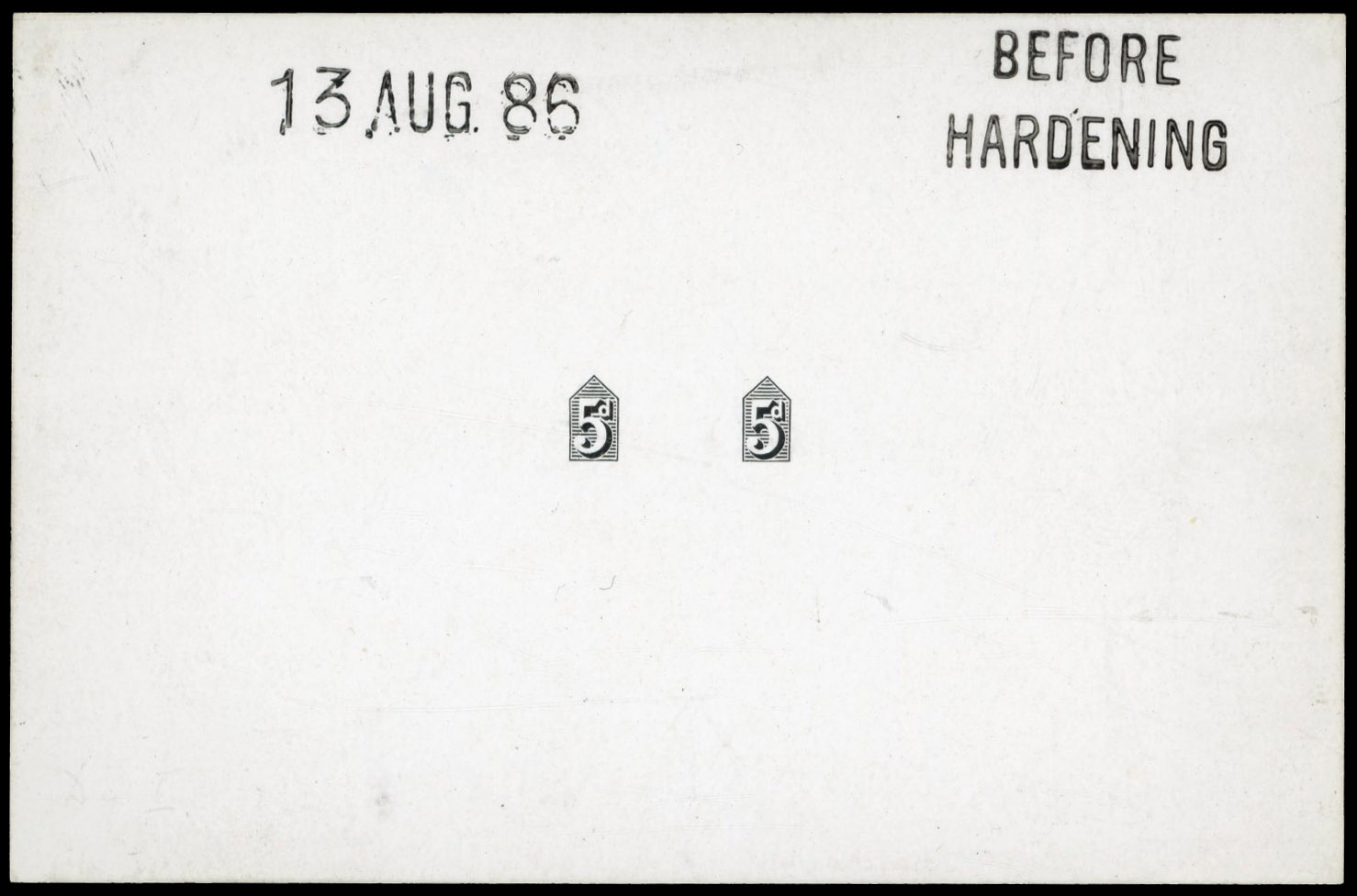 GB 1887-92 5d duty die proof (Die I), printed in black on white glazed card, For SG 207