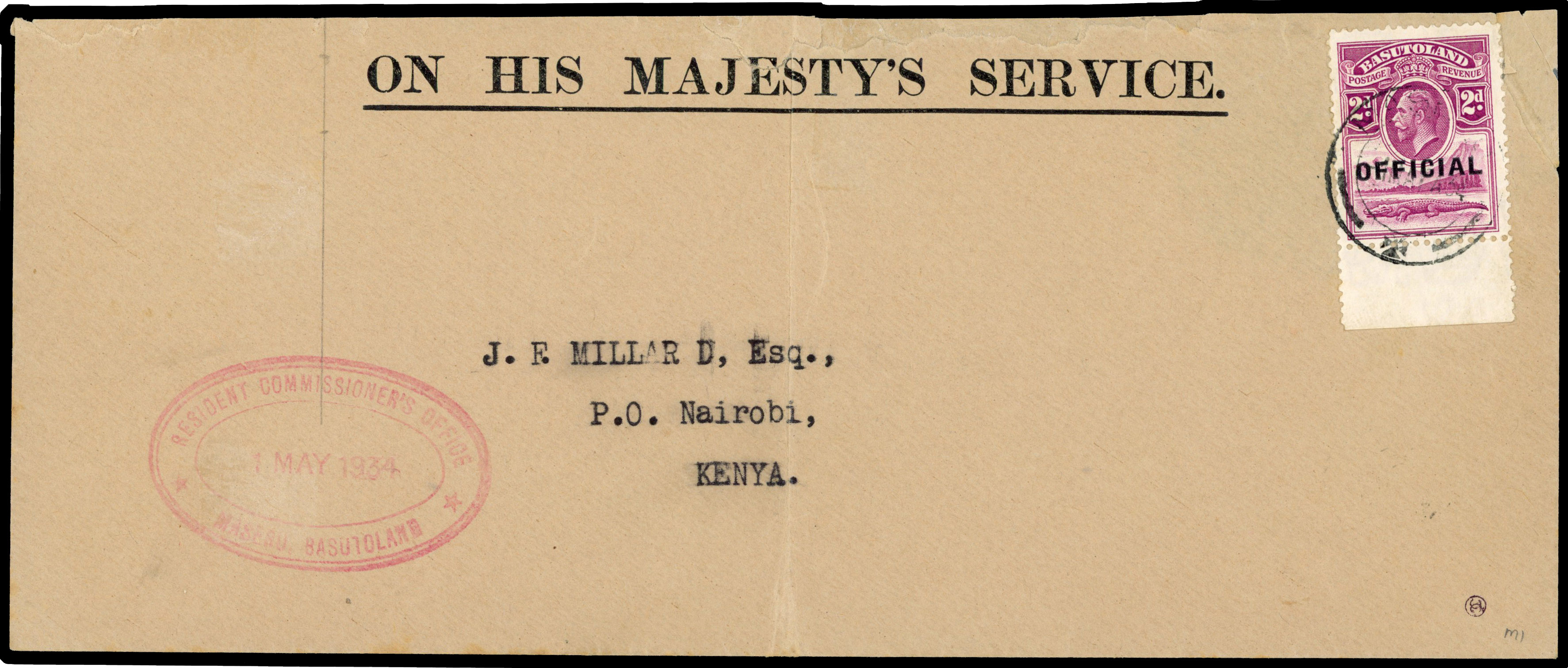 Basutoland 1934 cover to Kenya with 2d official