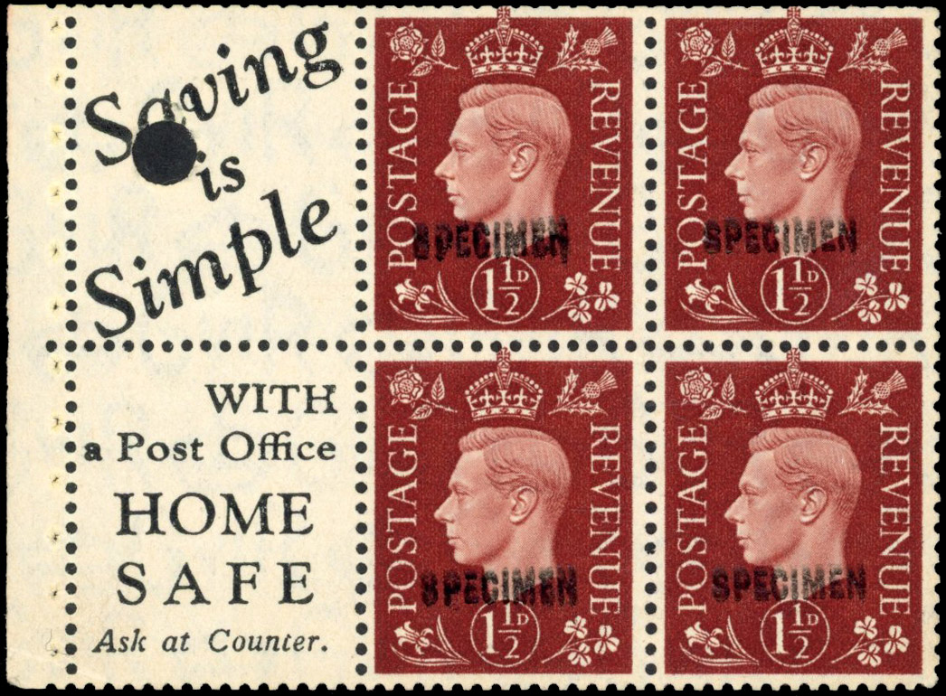GB 1937 1½d red-brown booklet pane SPECIMEN