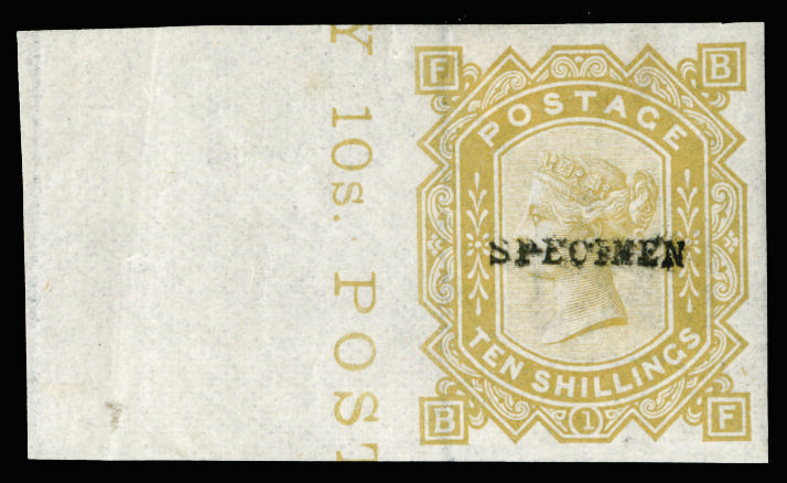 Great Britain 1878 10s Colour trial. Pl.1. Very fine imperforate left hand marginal example lettered BF printed on…