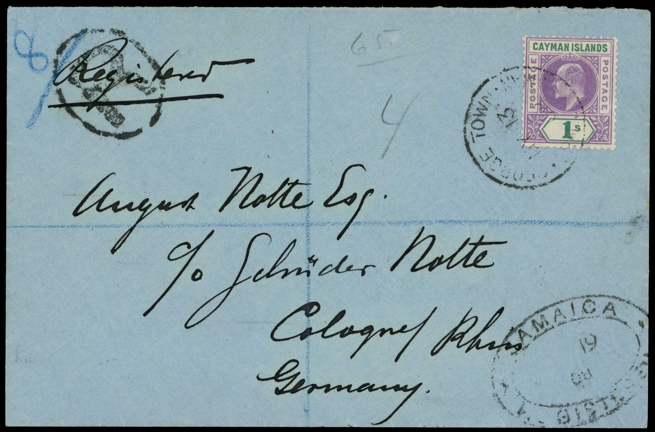 1908 1s violet and green KEVII tied to...