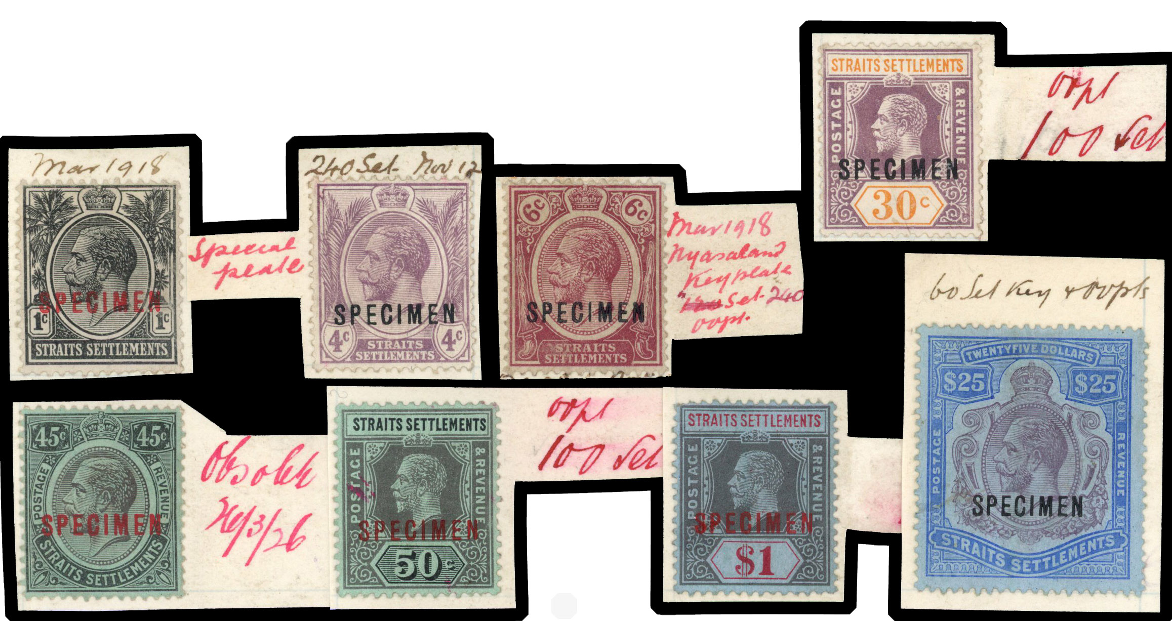 Straits Settlements 1912-23 DLR file copies to $25 opt Specimen