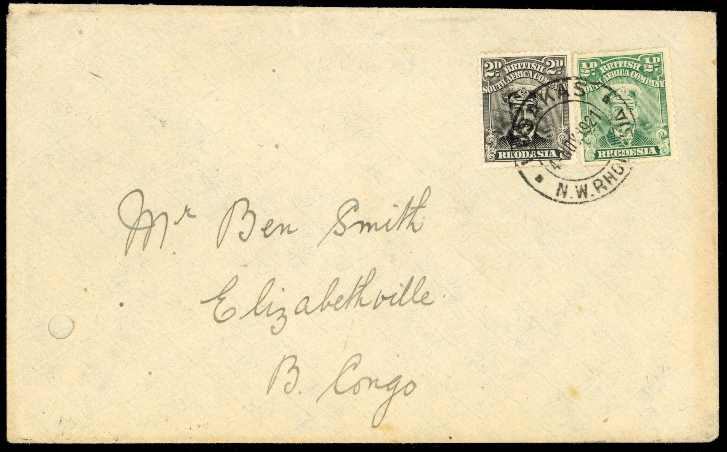 Rhodesia ½d and 2d Admirals on 1921 cover to Eliznethville