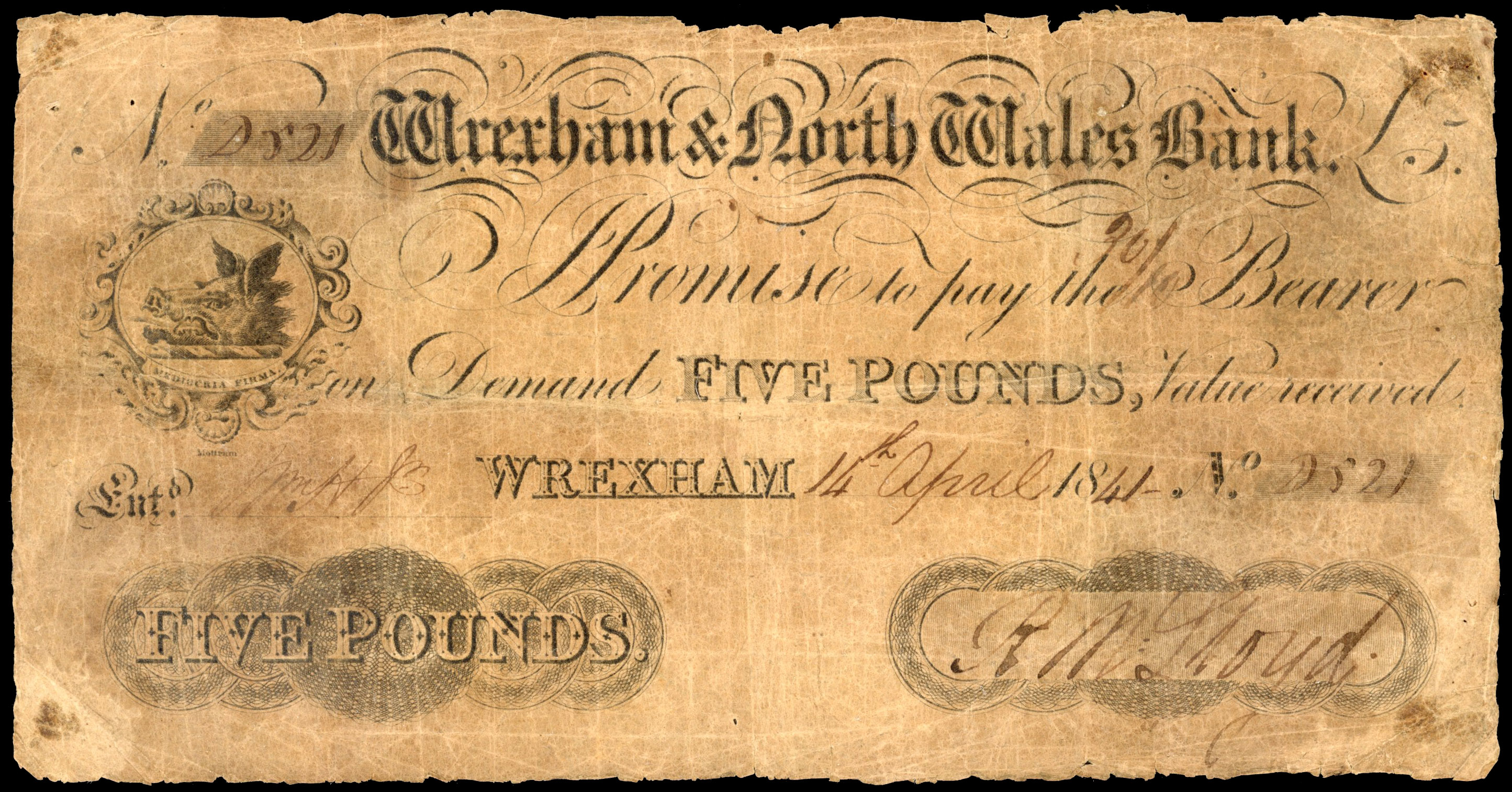 WREXHAM, Wrexham & North Wales Bank, for (Richard Middleton Lloyd), £1.,14 April 1841, serial number D521, R M…