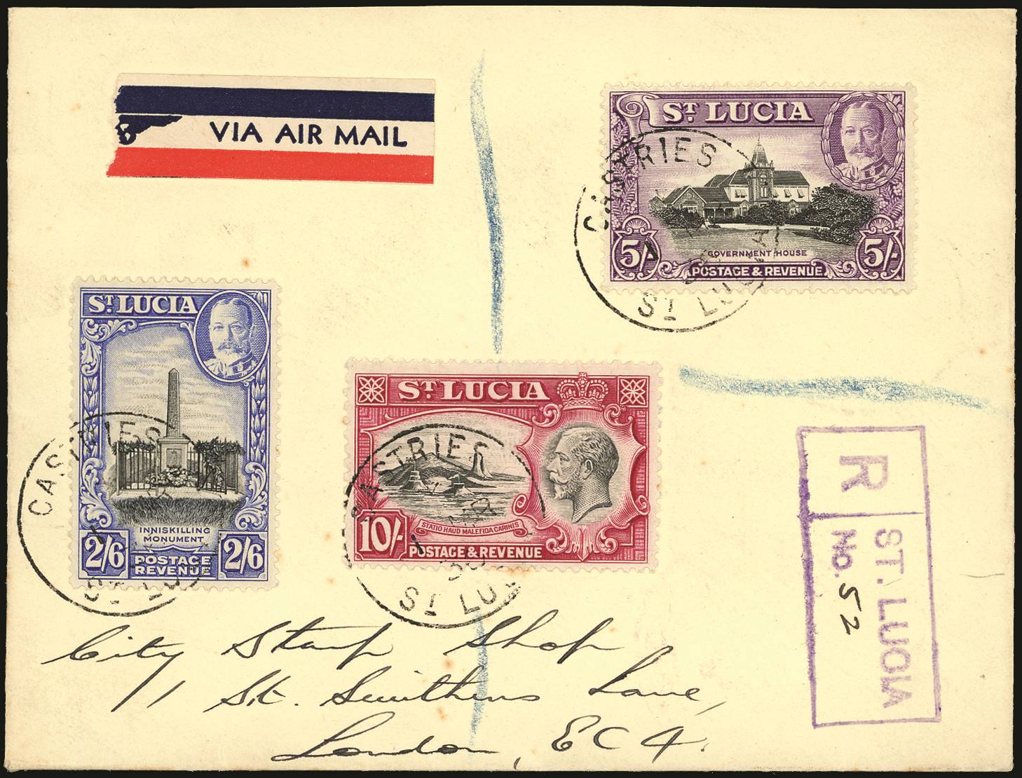 ST LUCIA SG 122/24 1936 REG FDC TO LONDON WITH 1936 2s6d, 5s, 10s