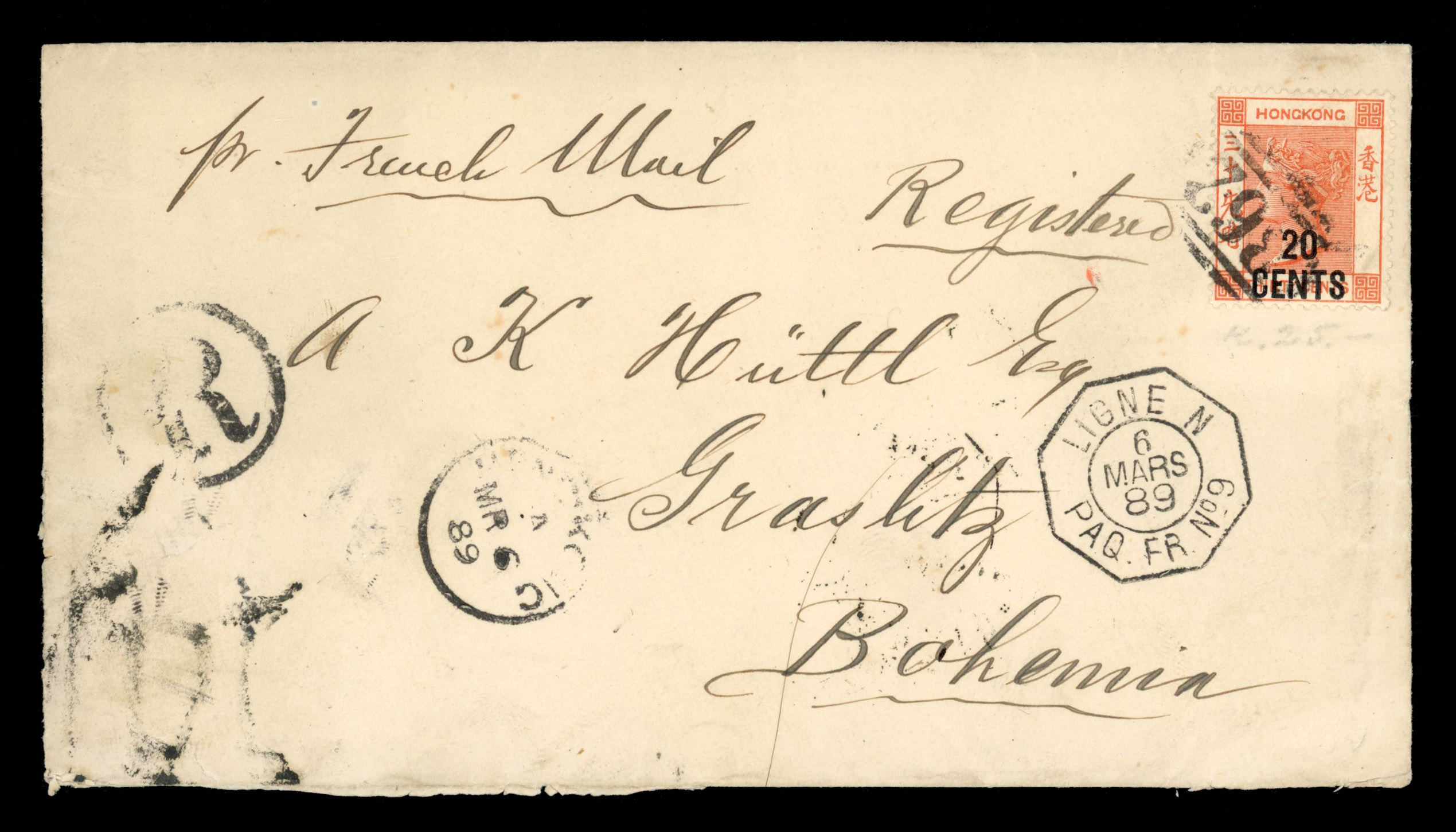 Hong Kong 1889 registered cover to Bohemia bearing 20c on 30c surcharge tied by ‘B62’ numeral