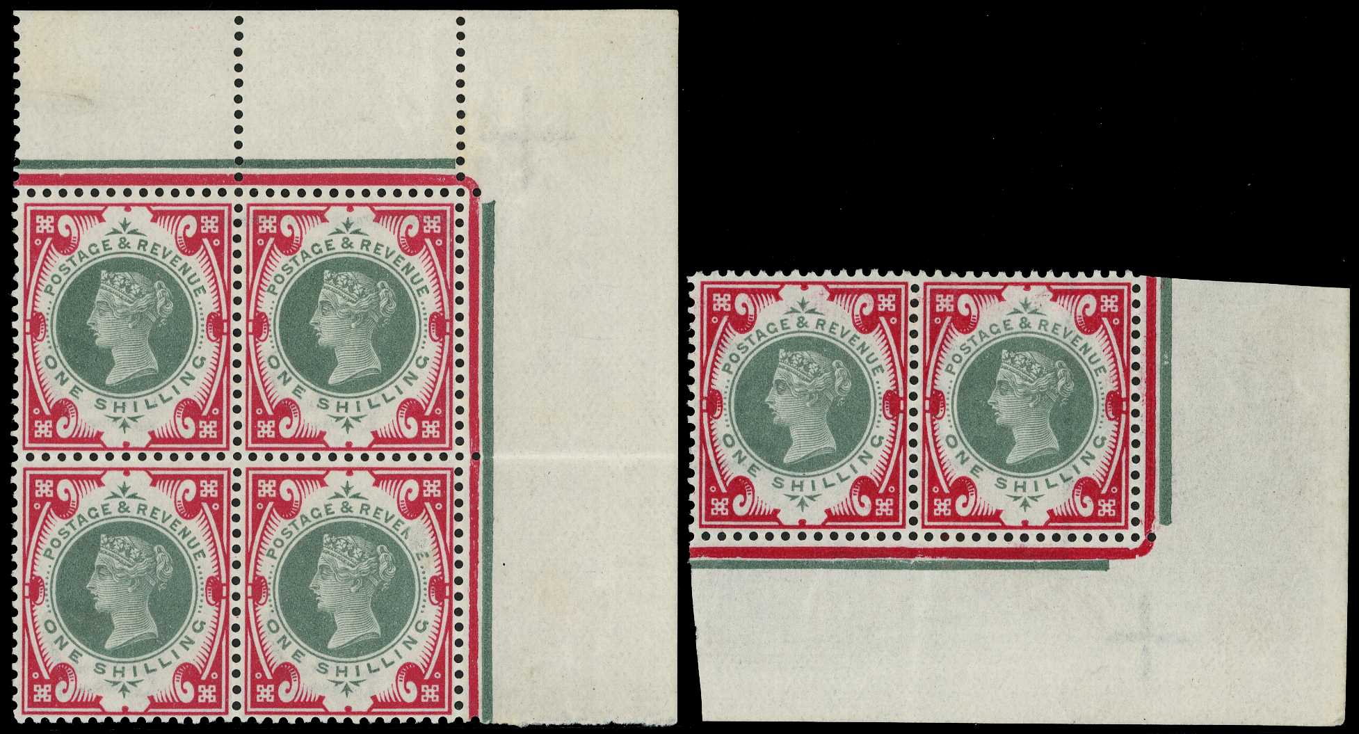 1900 1/- green and carmine top right corner...