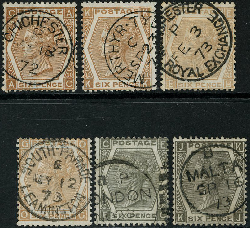1872-73 6d pale buff, 6d chestnut & 6d grey Pl’s. 11+12.