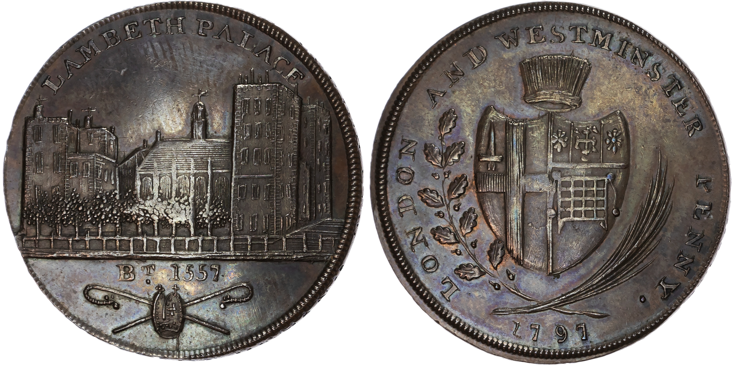 London, Prattent’s ‘London and Middlesex Series’ penny 1797, Lambeth Palace, rev. London and Westminster Arms …
