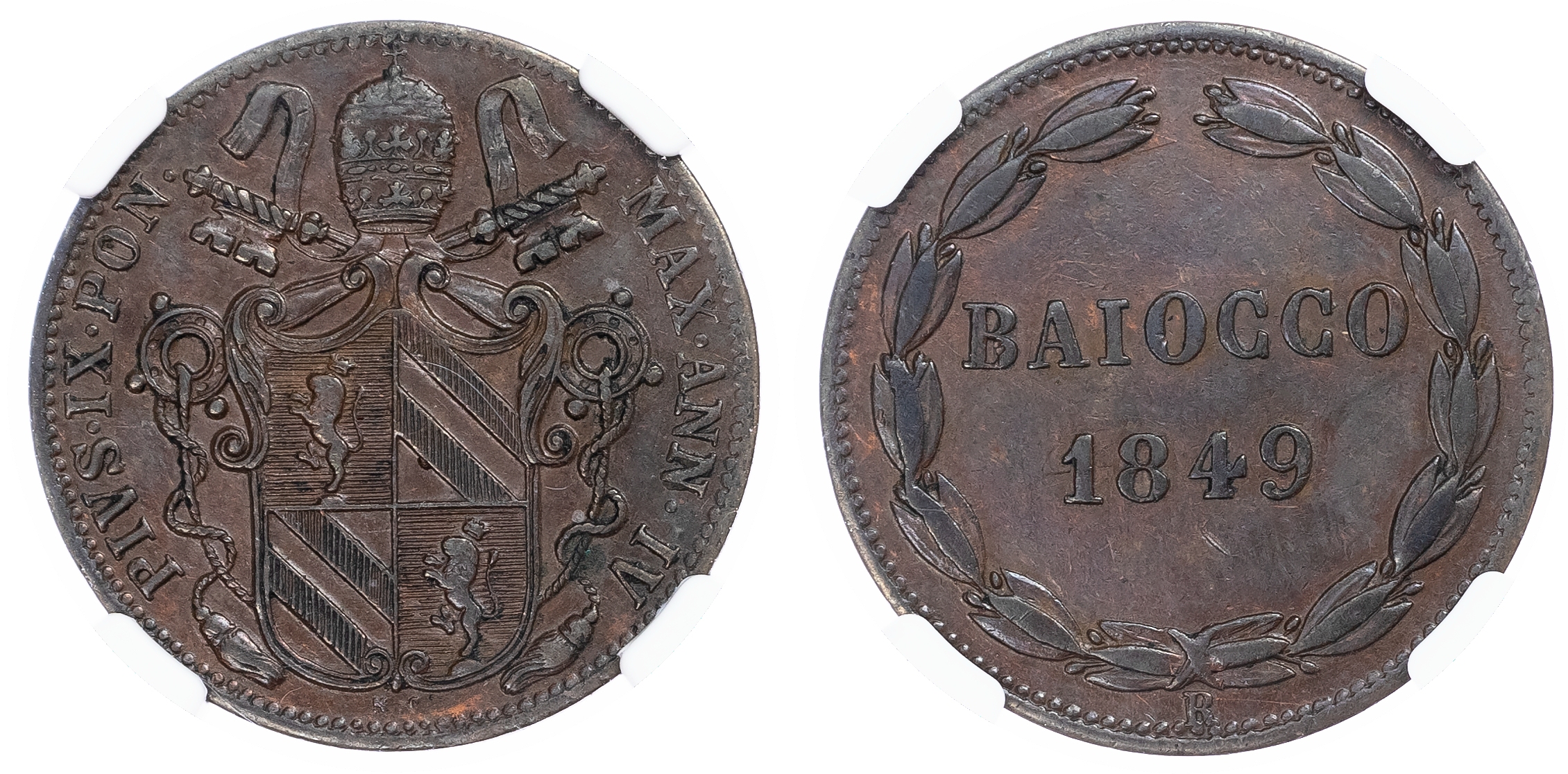 Italy, Papal States. Pius IX CU 1 Baiocco. 1849R IV. 