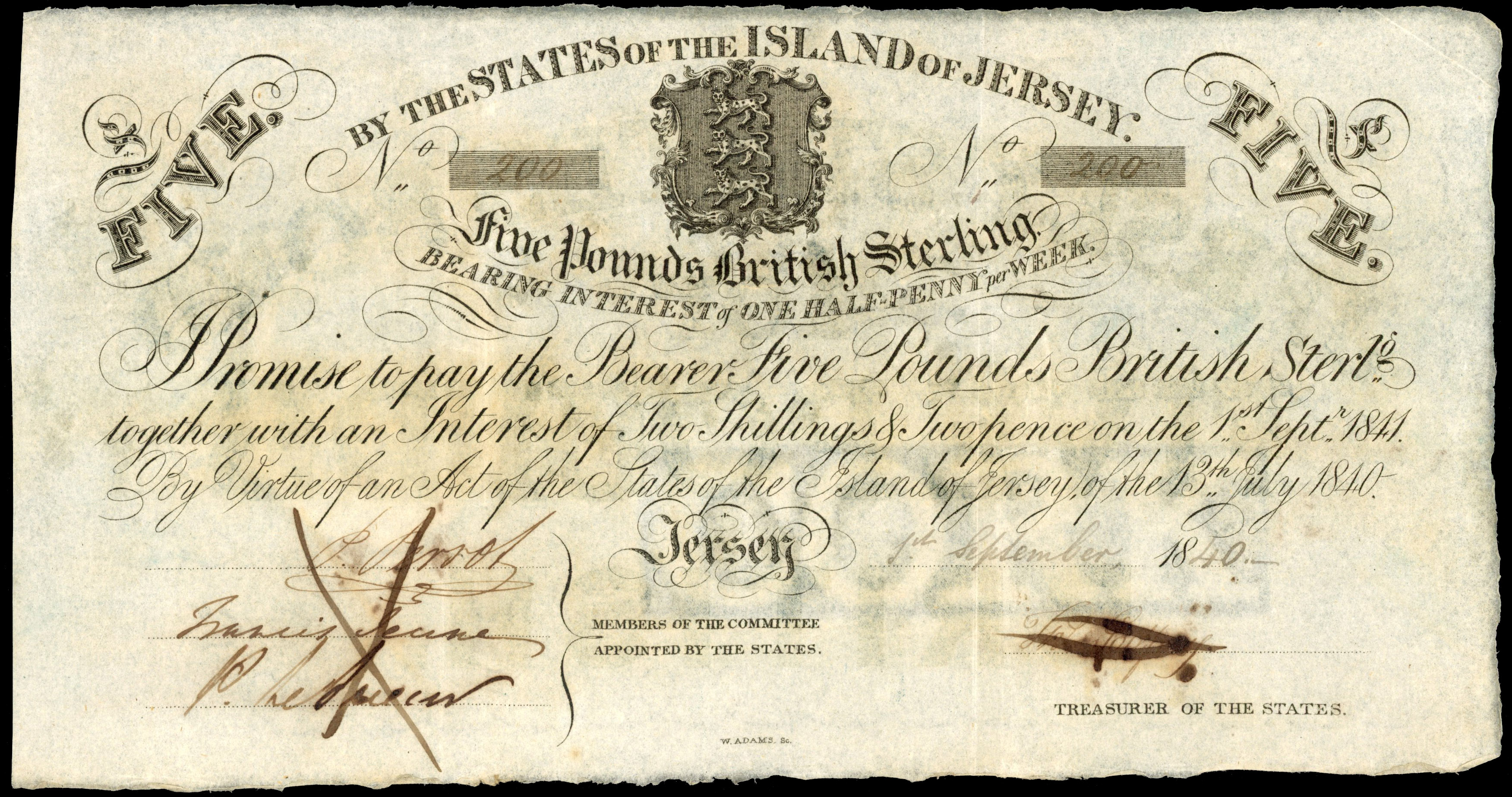 JERSEY, States of the Island of Jersey, £5.,(interest bearing), 1 September 1840, Serial number 200, Arms of J…