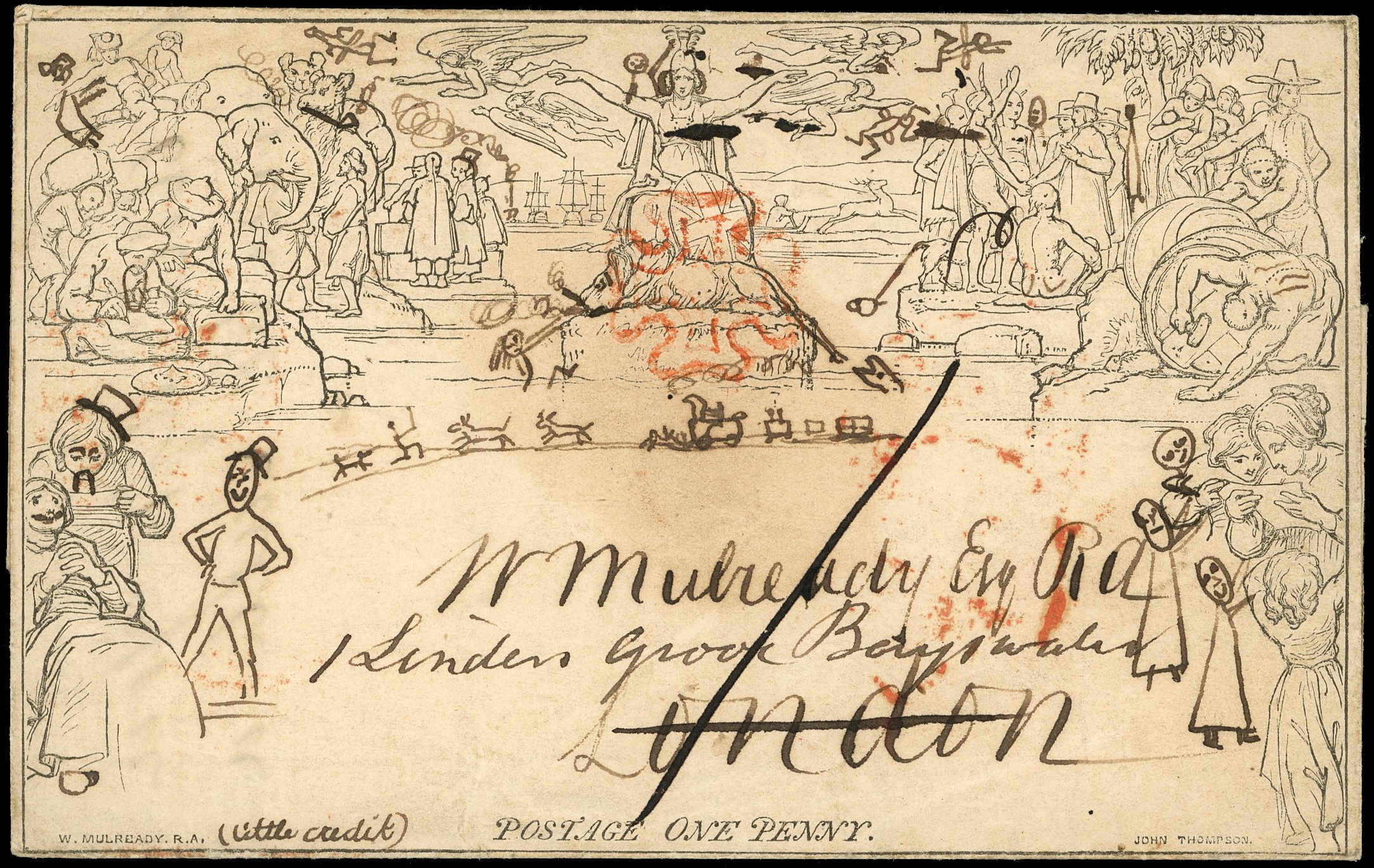 1840 Mulready 1d wrapper (Forme 3, Stereo A67), addressed to the designer ‘W Mulready Esq RA, London’