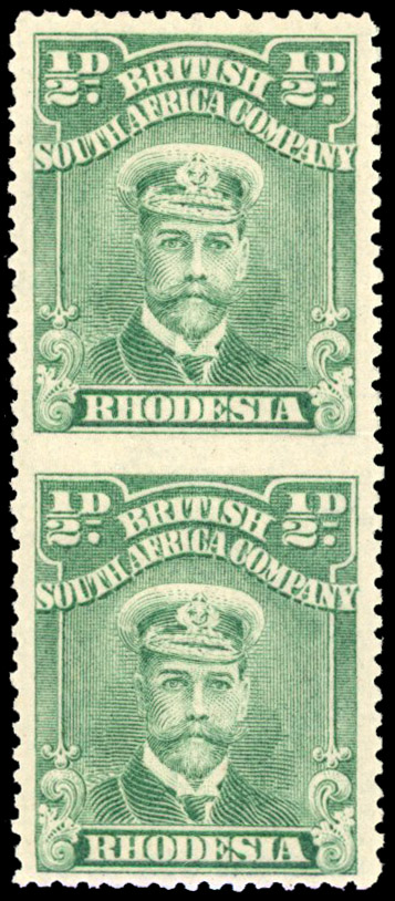 Rhodesia 1913-19 ½d bright green vertical pair error Imperf Between