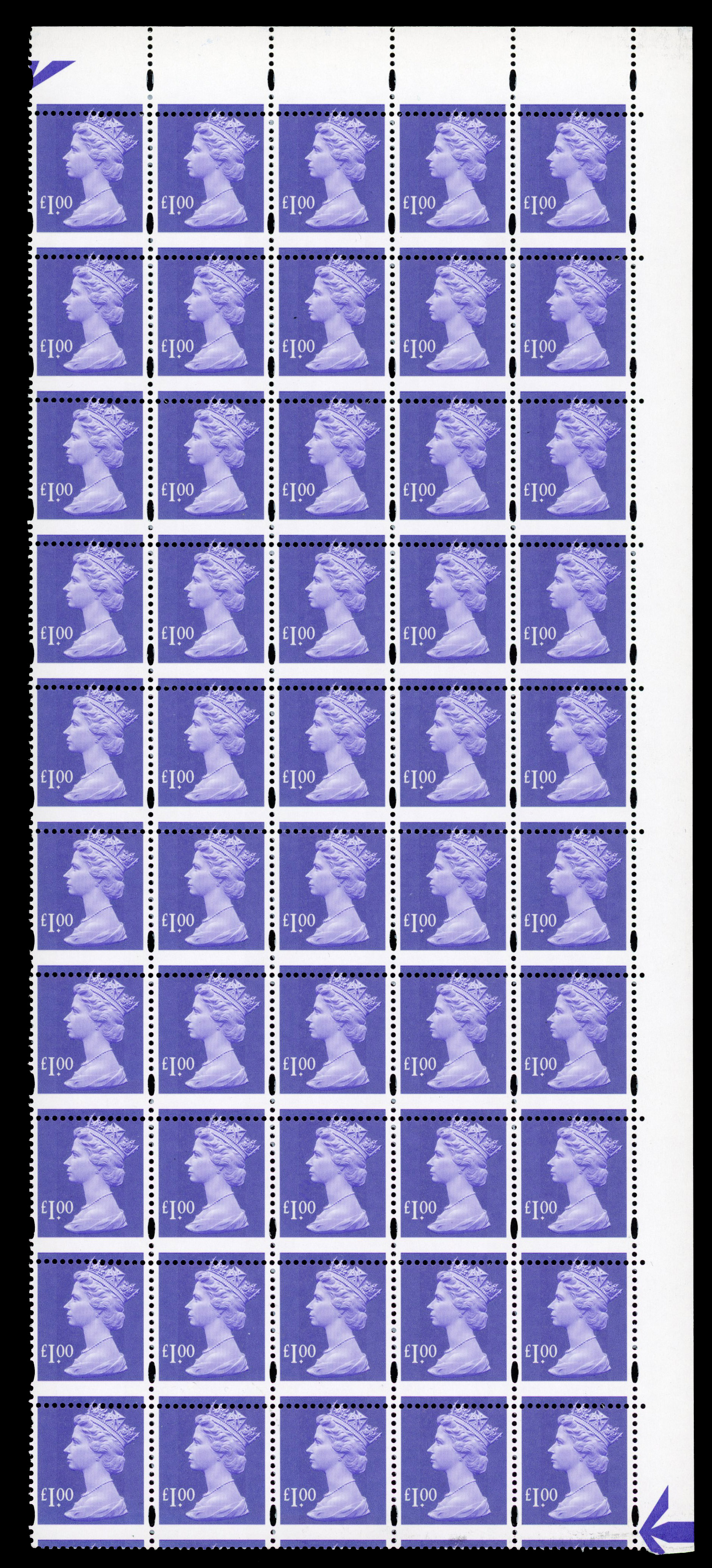 1993-2017 £1 bluish violet, elliptical perforations, PVA gum, mint block