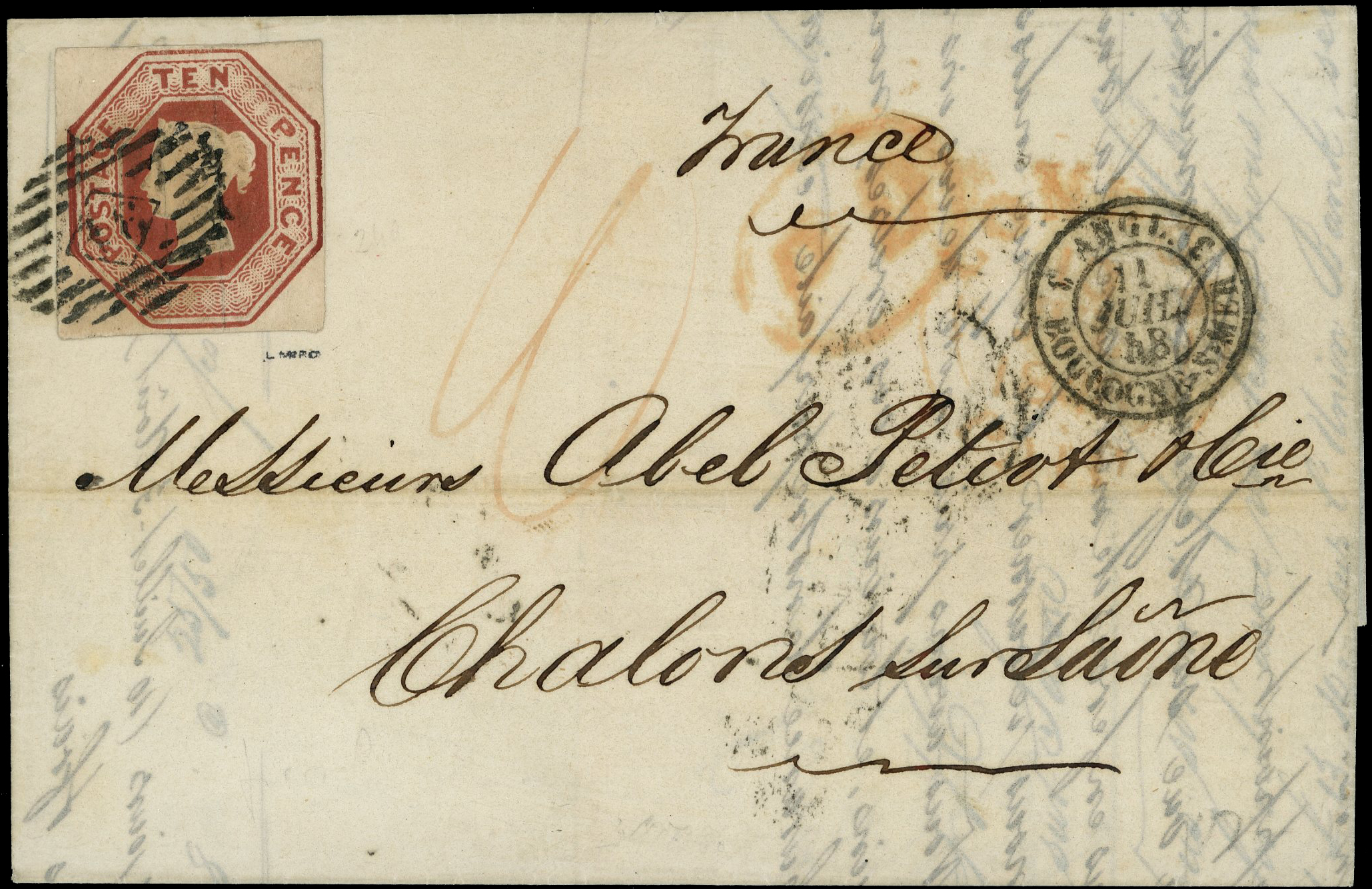 1848 10d Brown (Die W.W.1). Entire to France.