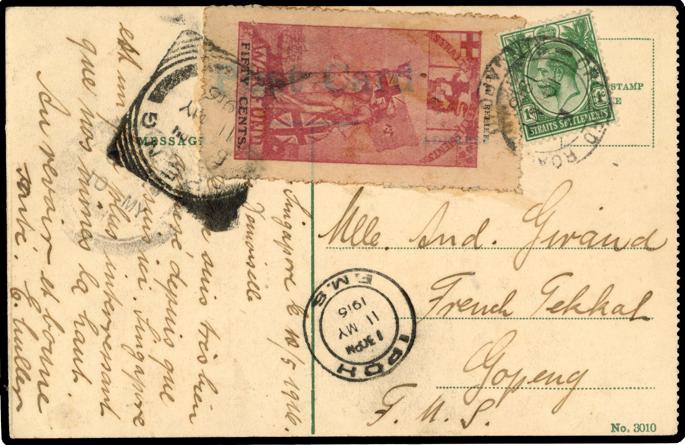 Straits Settlements 1916 ppc from Singapore to Gopeng with 50c War Fund label