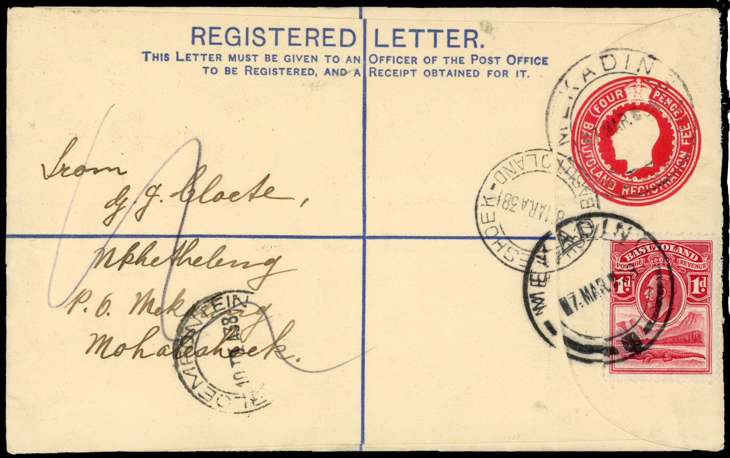 BASUTOLAND: 1938 4d red KGV registered stationery envelope (size G) addressed locally and bearing additional KGV 1d tied by