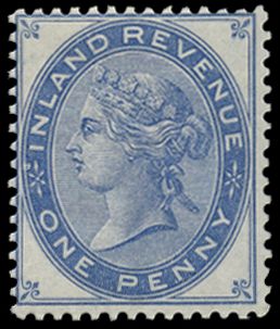 1881 1d Postal fiscal. Very fine and fresh colour trial printed in grey-blue on gummed orb watermarked paper. Scarce. Spec....