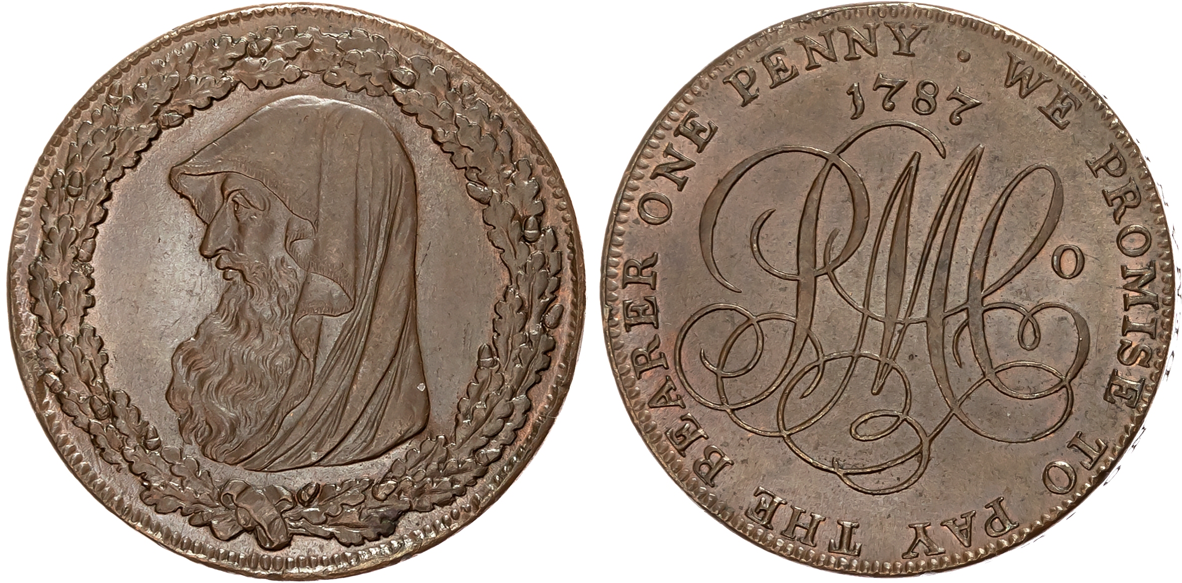 Ang. Amlwch, Parys Mines Co. Penny 1787, Cowled druid’s head within a thin oaken wreath with 2 acorns at tie, rev . PM C …