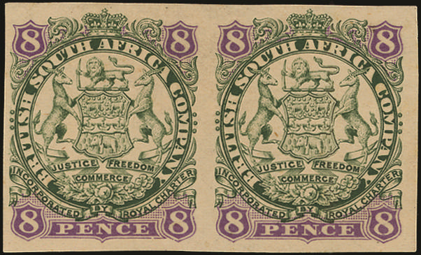 Rhodesia 1896 8d green and mauve on buff, IMPERFORATE PAIR, SG 34b Mint