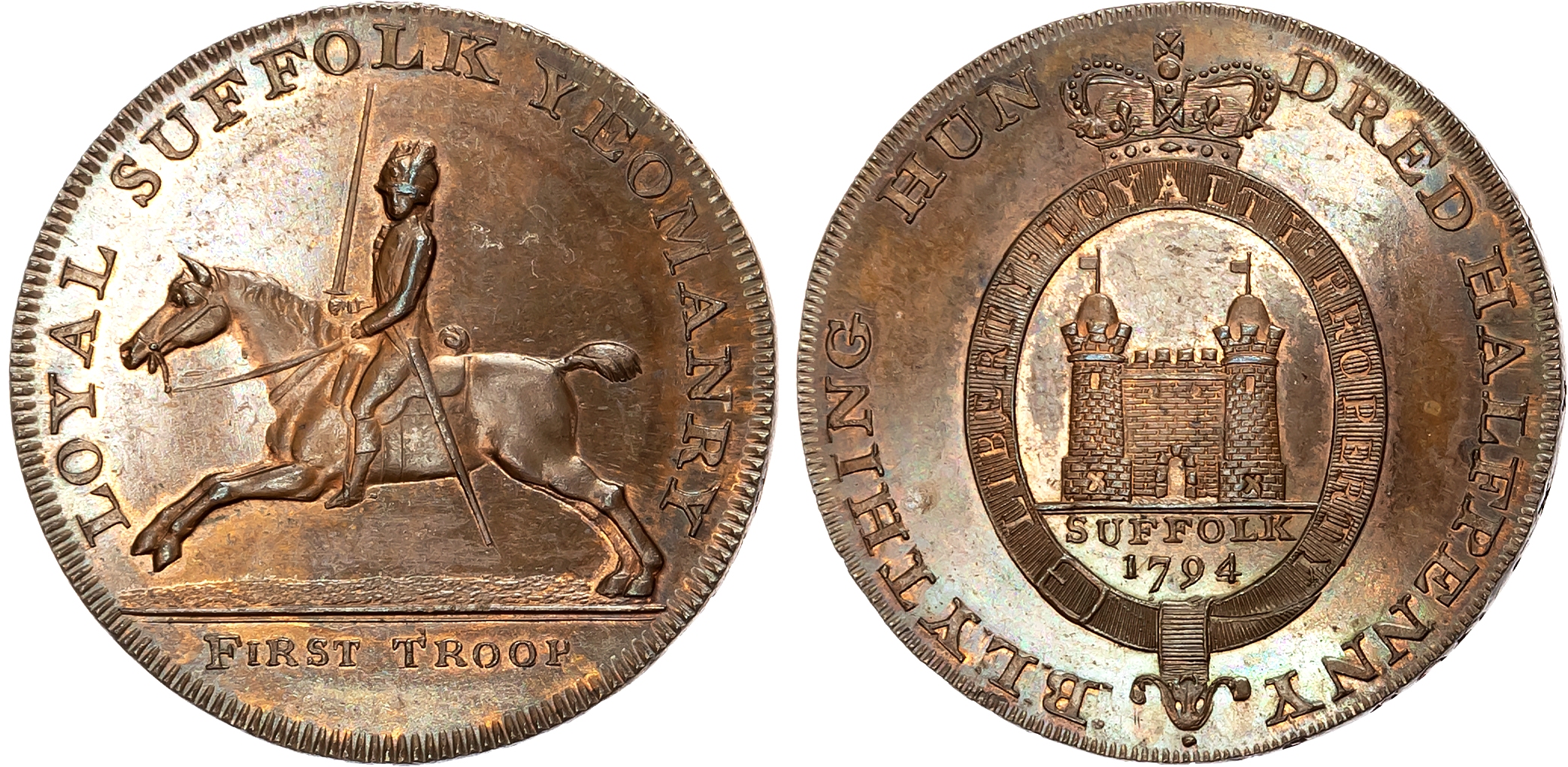 Suff. Blything , Sir John Rous (Captain of the Suffolk Yeomanry First Troop) Halfpenny 1794, Mounted dragoon, rev. badge …