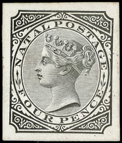 1874 4d cut-down Die Proof in black on glazed card, record book paper adhering on reverse with '27/9/77' pencilled thereon....