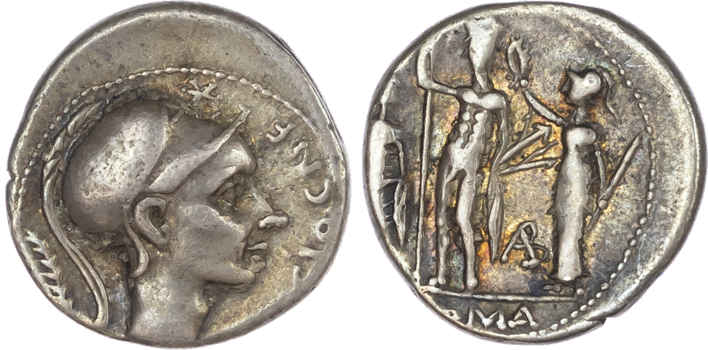 Cn. Blasio Cn. f. (112-111 BC) AR Denarius, Rome, 4.08g. CN•BLASIO•CN•F, helmeted head of Mars facing right, palm behind.