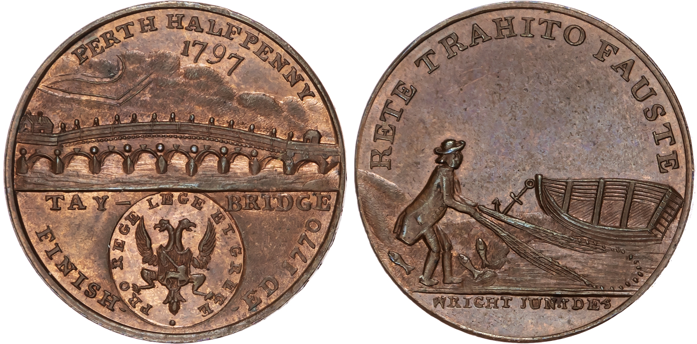 Perths. Perth, John Ferrier (hosier), Wright's Halfpenny 1797, man netting salmon on river bank, rowing boat a…
