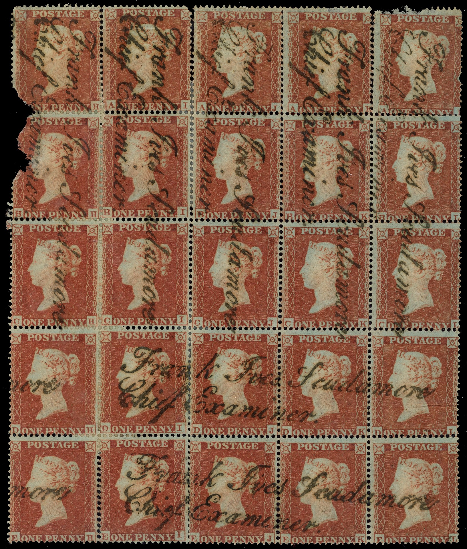 1854 1d Red-Brown Pl.203 Block ‘Frank Ives Scudamore/Chief Examiner’...