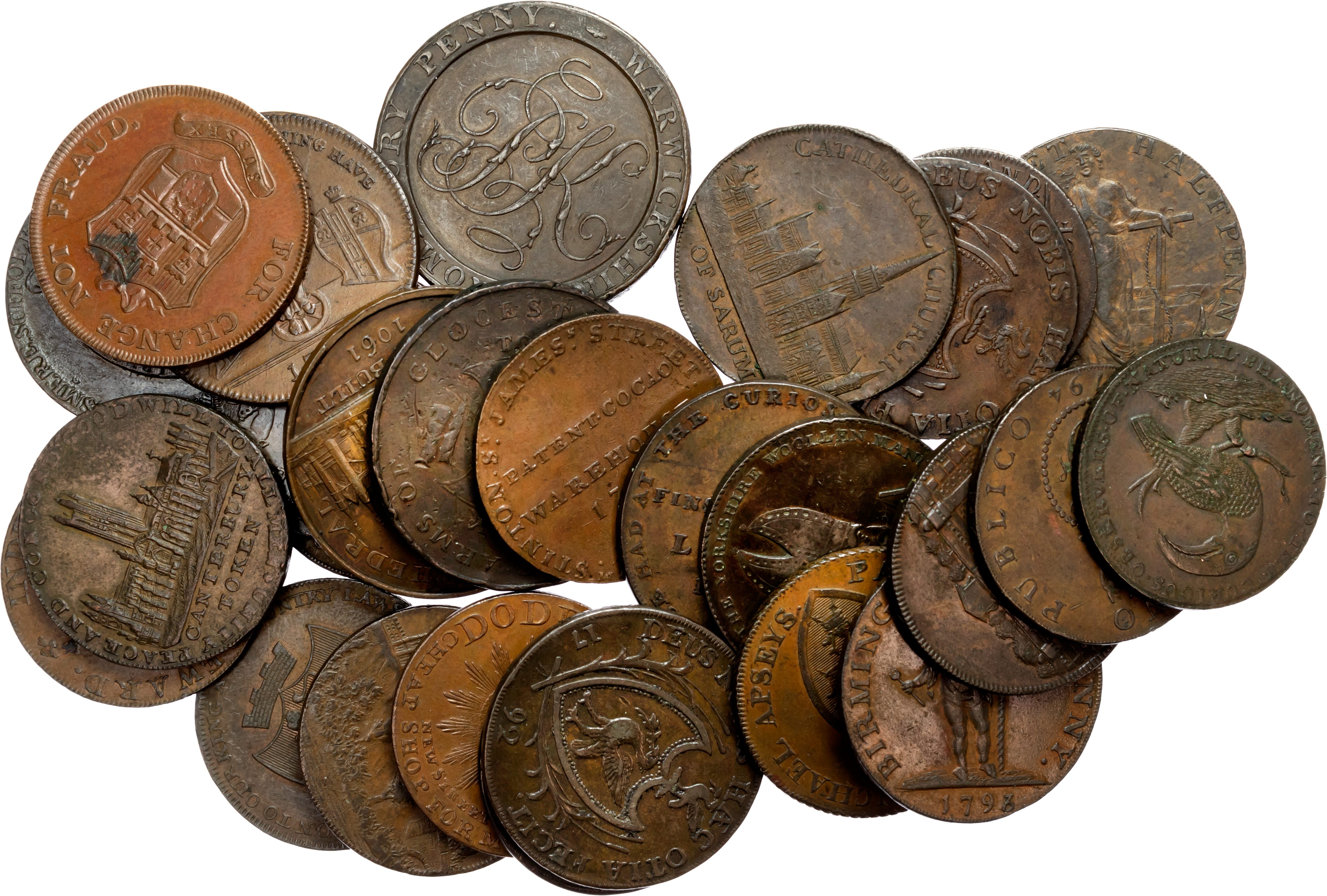 Lot of 28 English 18th. century tokens from Bath, Bury St. Edmunds, Birmingham, Brimscombe Port, Bristol, Cambridge, Can …