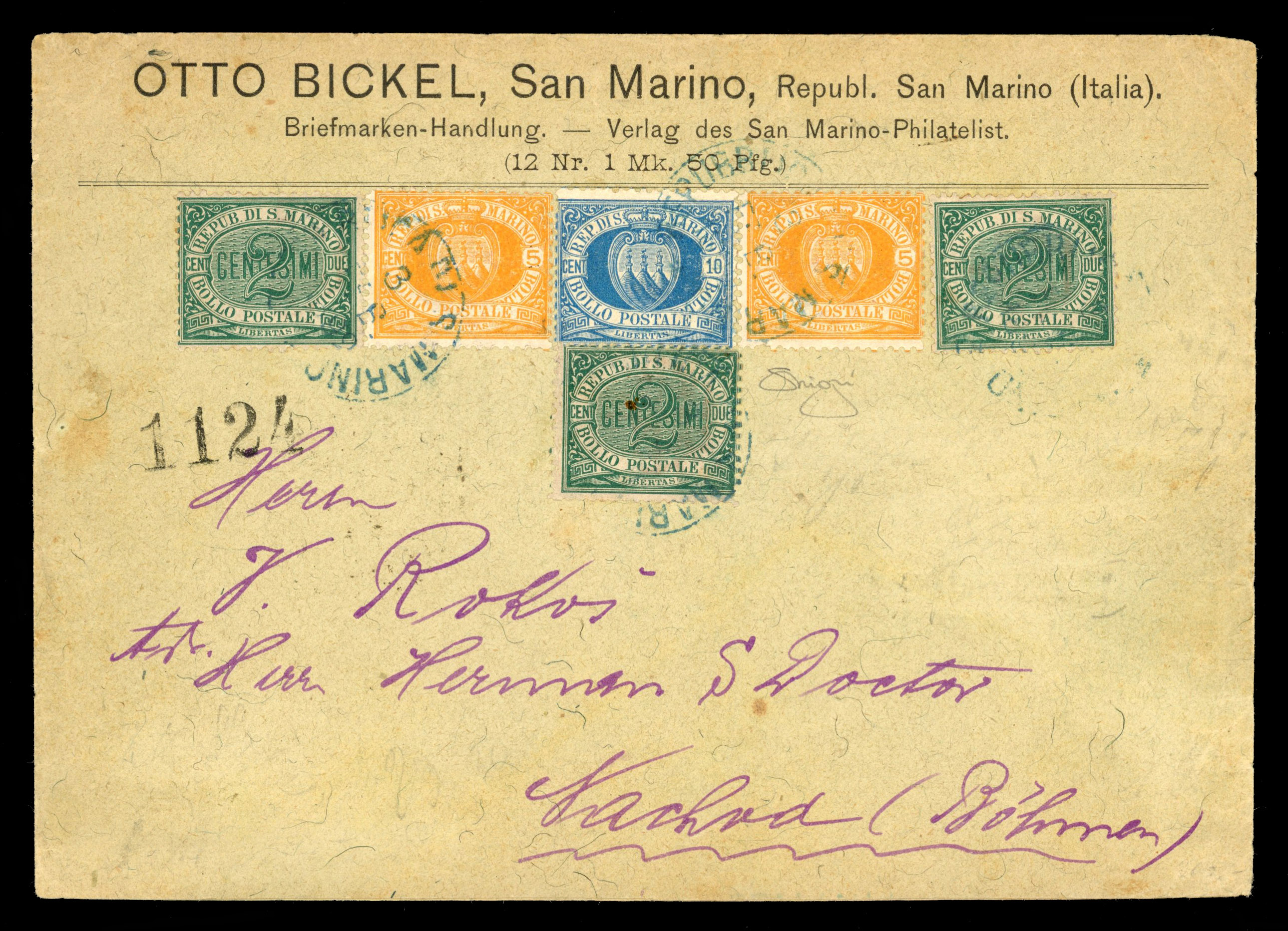San Marino 1892 'Bickel' multi franked cover to Nachod, Bohemia
