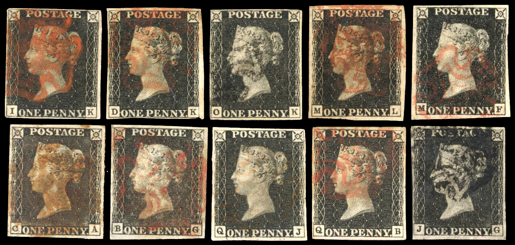 GB: 1840 1d black used range, unplated selection of ten examples, 4-margin, red MC 7, black MC 3, fair to fine. (10) SG 1-3