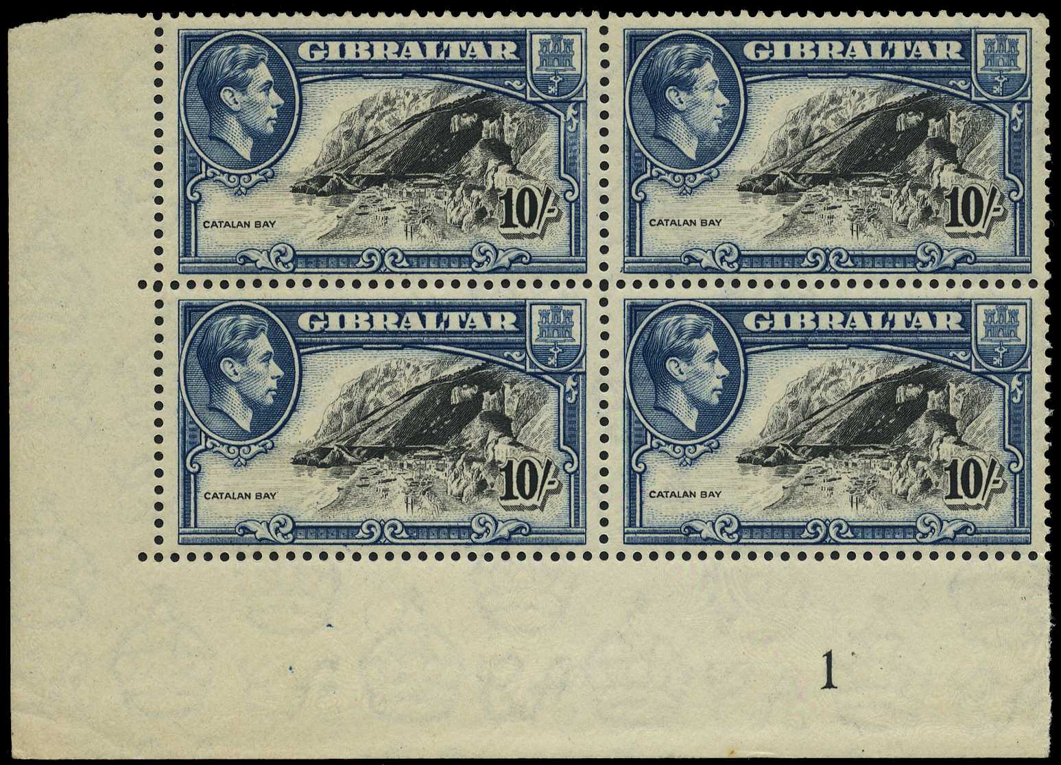 1943 10/- black and blue, perf 13, unmounted...