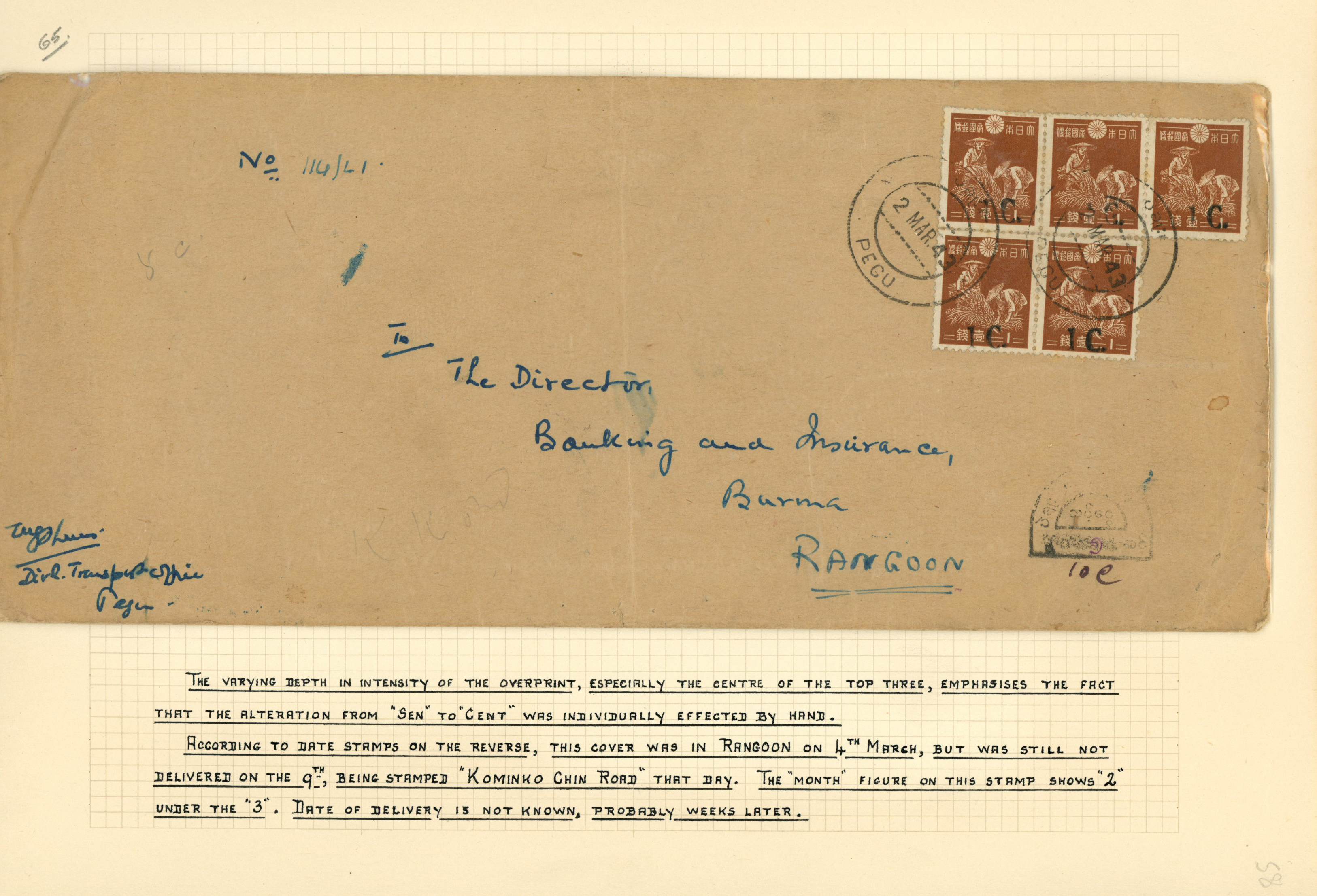 1943 cover to Rangoon franked by 1ct on...