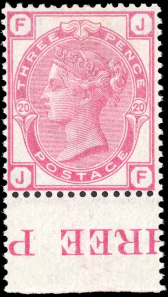 GB: 1879 3d rose, plate 20 (JF), lower marginal with inscription, mint unmounted og