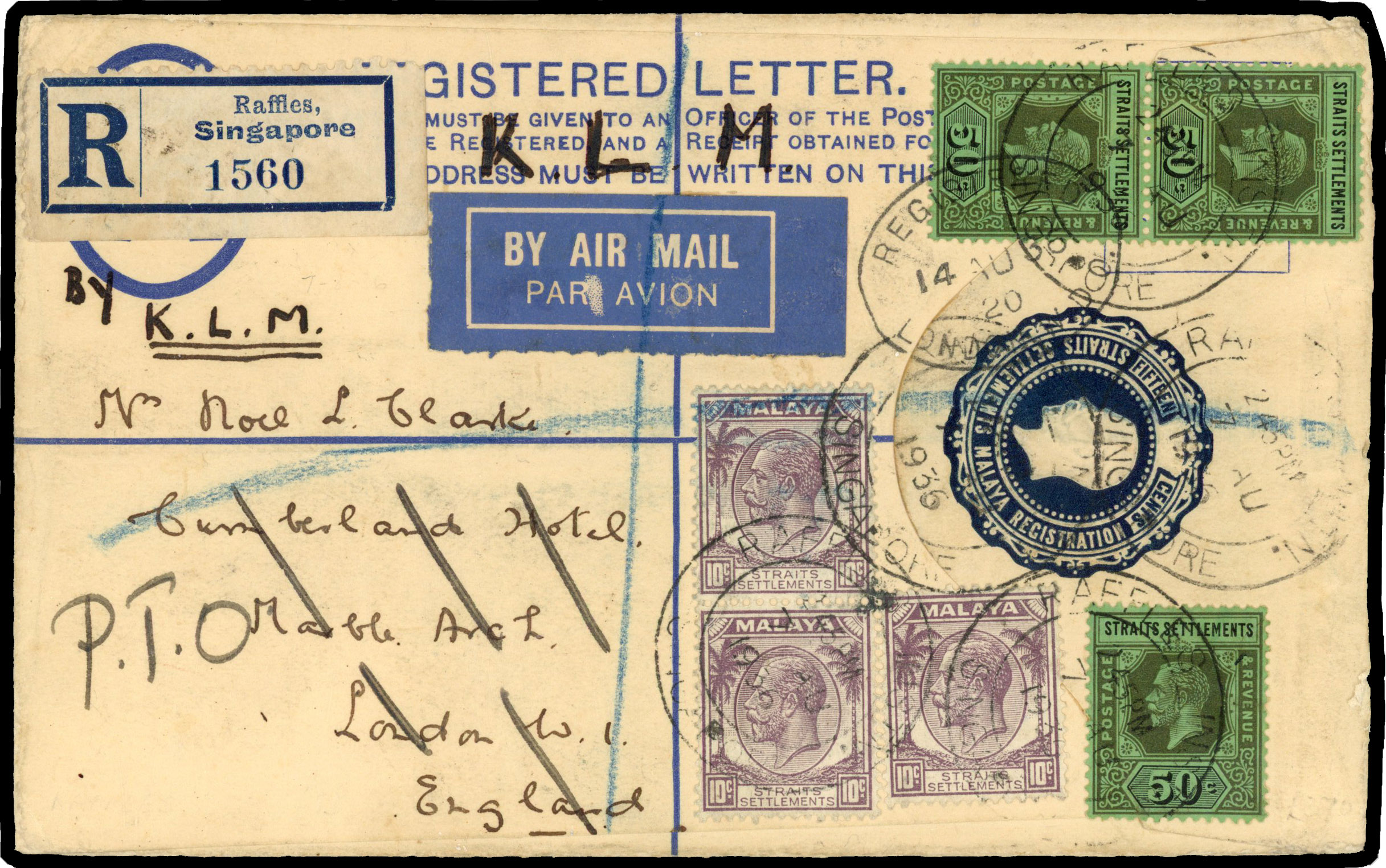 Straits Settlements 1936 registered airmail cover from Raffles Institution to England