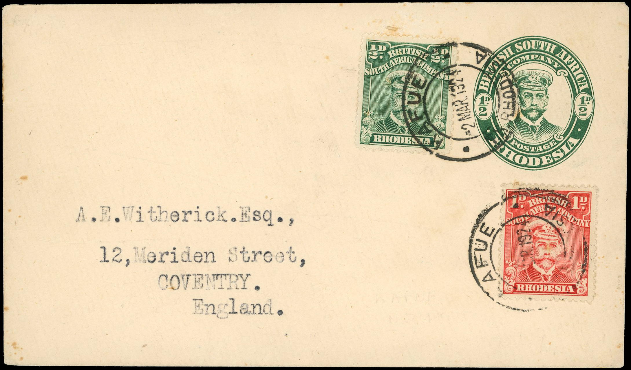 1924 ½d green "Admiral" envelope from Kafue to England