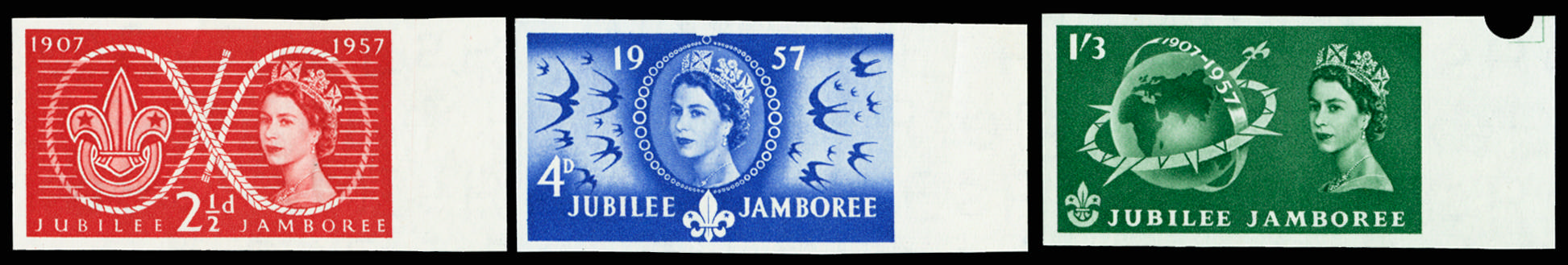 GB 1957 2½d-1s3d World scout Jubilee Jamboree. Superb unmounted o.g imperforate right hand marginal set… SG557/9var