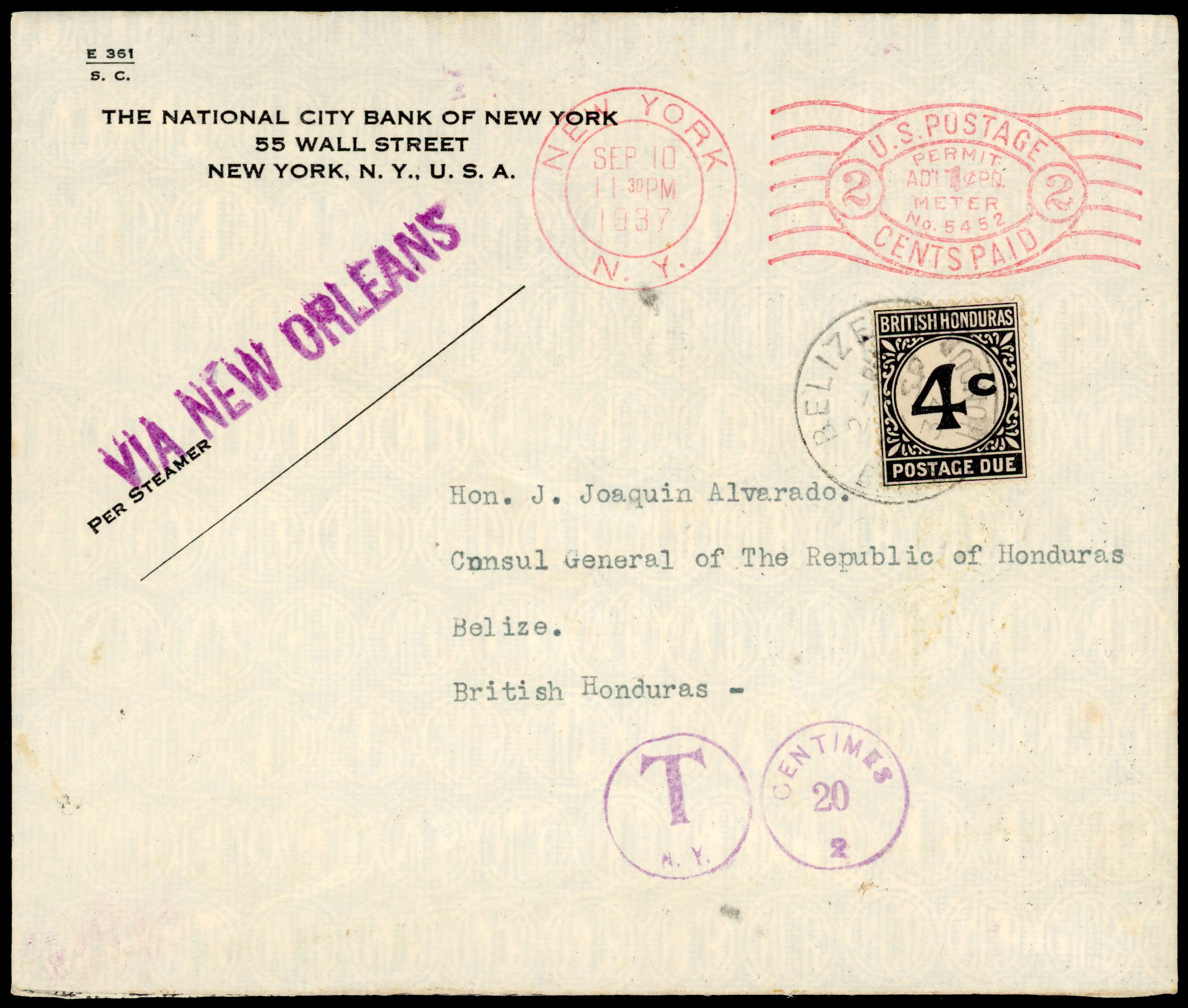 BRITISH HONDURAS: 1937 incoming envelope from New York to 'Consul General of the Republic of Honduras/Belize'.