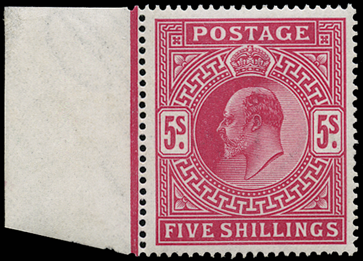 Great Britain 1902 5s Bright carmine. Very fine unmounted o.g. left hand marginal example printed by DLR. Fluoresc…