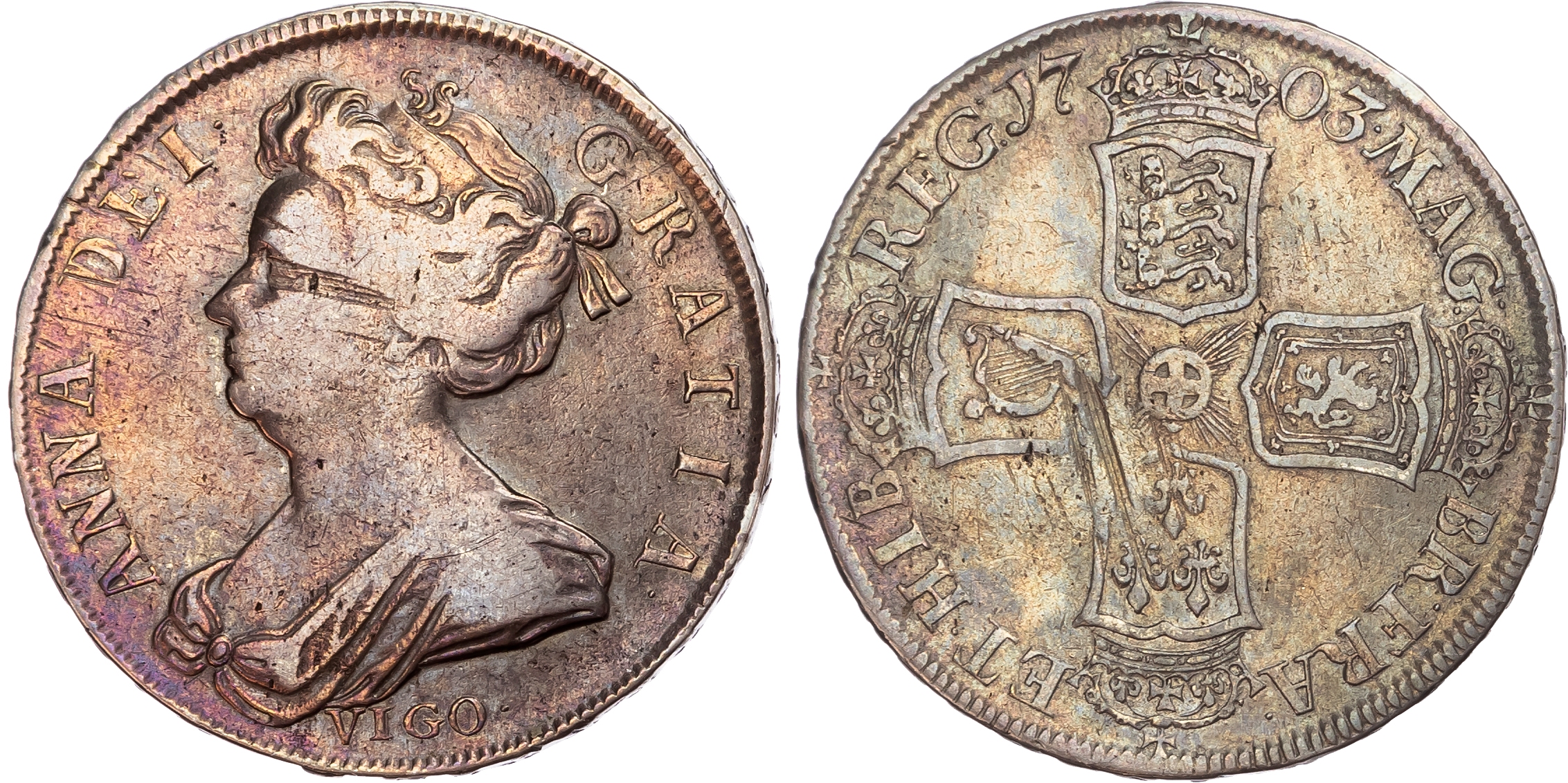 Anne (1702-1714), Halfcrown, 1703, VIGO, TERTIO. 