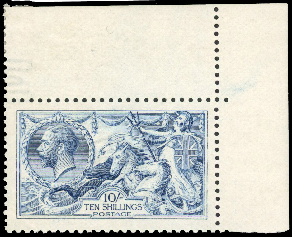 GB: 1915 10s pale blue, top right hand marginal, unmounted mint. SG 413
