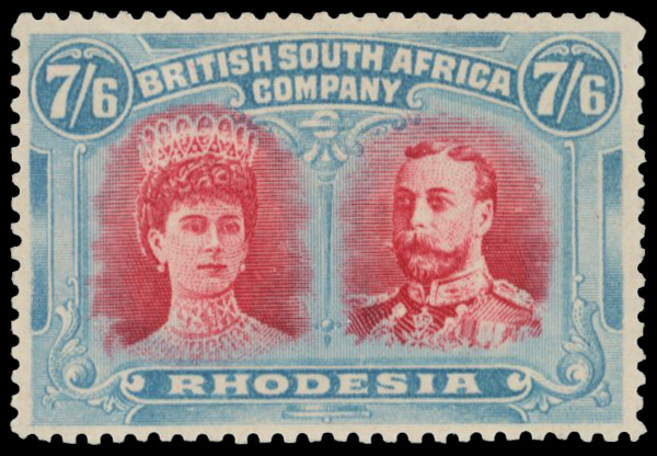 7s6d carmine and pale blue SG 160b, position 25 lines by King's cheek mint