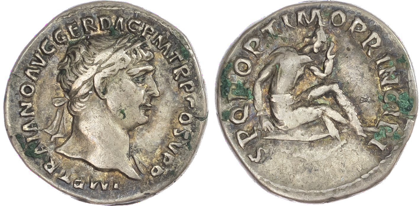 Trajan (AD 98-117) AR Denarius, Rome, AD 103-107, 3.11g. IMP TRAIANO AVG GER DAC PM TR P COS V P P, laureate head of Trajan